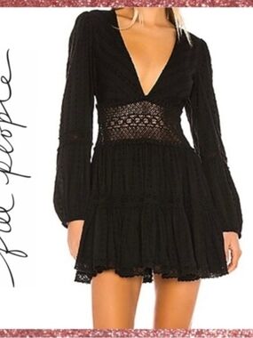 Free People Black Crochet Waist Mini Dress with Deep V